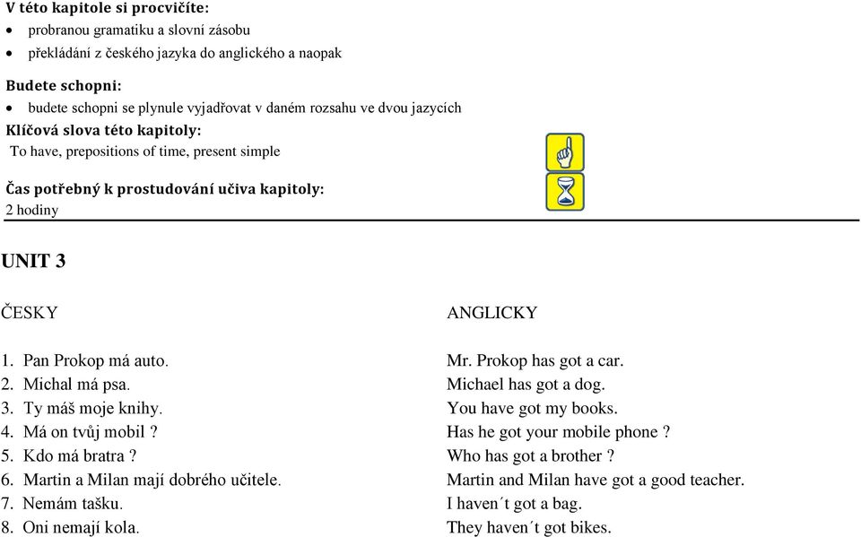 Pan Prokop má auto. Mr. Prokop has got a car. 2. Michal má psa. Michael has got a dog. 3. Ty máš moje knihy. You have got my books. 4. Má on tvůj mobil? Has he got your mobile phone? 5.