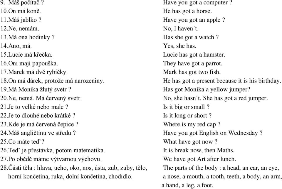 He has got a present because it is his birthday. 19.Má Monika žlutý svetr? Has got Monika a yellow jumper? 20.Ne, nemá. Má červený svetr. No, she hasn t. She has got a red jumper. 21.