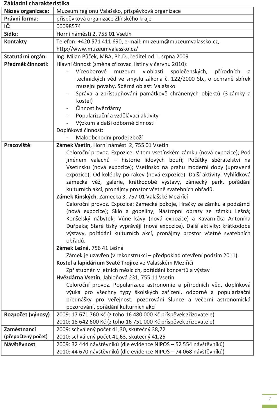 srpna 2009 Předmět činnosti: Hlavní činnost (změna zřizovací listiny v červnu 2010): - Víceoborové muzeum v oblasti společenských, přírodních a technických věd ve smyslu zákona č. 122/2000 Sb.