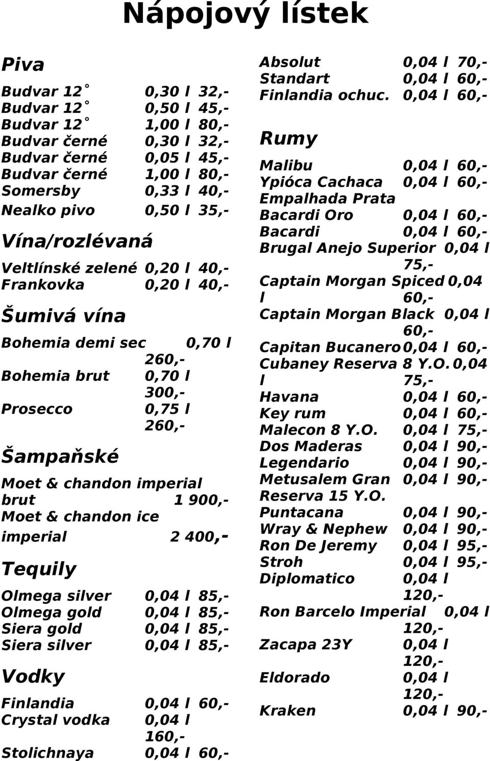 brut 1 900,- Moet & chandon ice imperial 2 400,- Tequily Olmega silver 0,04 l 85,- Olmega gold 0,04 l 85,- Siera gold 0,04 l 85,- Siera silver 0,04 l 85,- Vodky Finlandia 0,04 l 60,- Crystal vodka