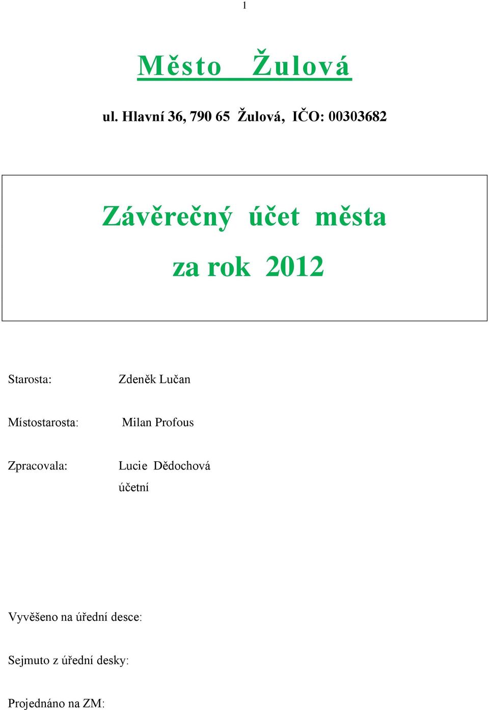 za rok 2012 Starosta: Zdeněk Lučan Místostarosta: Milan