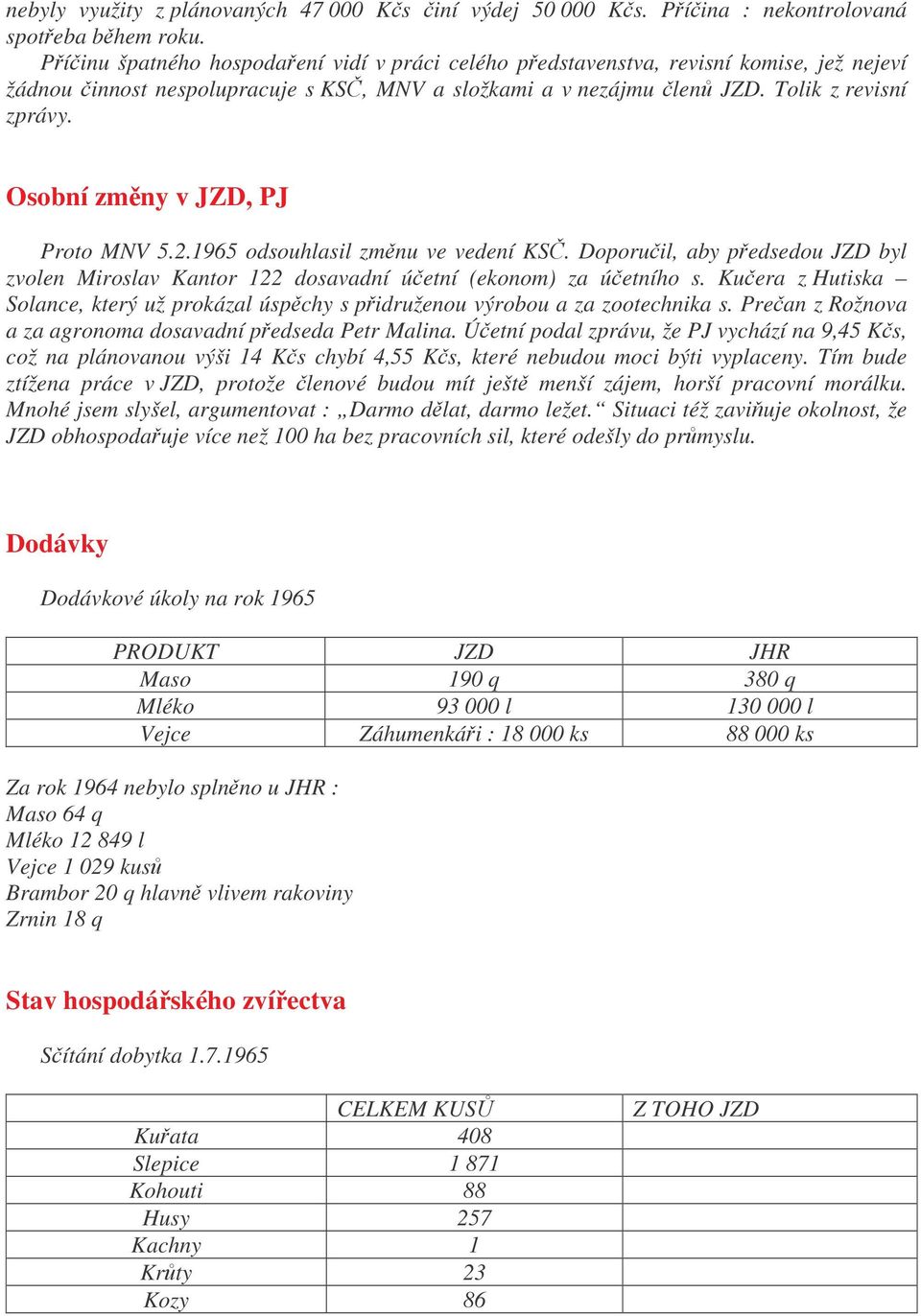 Osobní zmny v JZD, PJ Proto MNV 5.2.1965 odsouhlasil zmnu ve vedení KS. Doporuil, aby pedsedou JZD byl zvolen Miroslav Kantor 122 dosavadní úetní (ekonom) za úetního s.