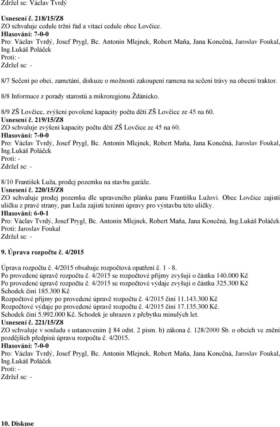 8/9 ZŠ Lovčice, zvýšení povolené kapacity počtu dětí ZŠ Lovčice ze 45 na 60. Usnesení č. 219/15/Z8 ZO schvaluje zvýšení kapacity počtu dětí ZŠ Lovčice ze 45 na 60.