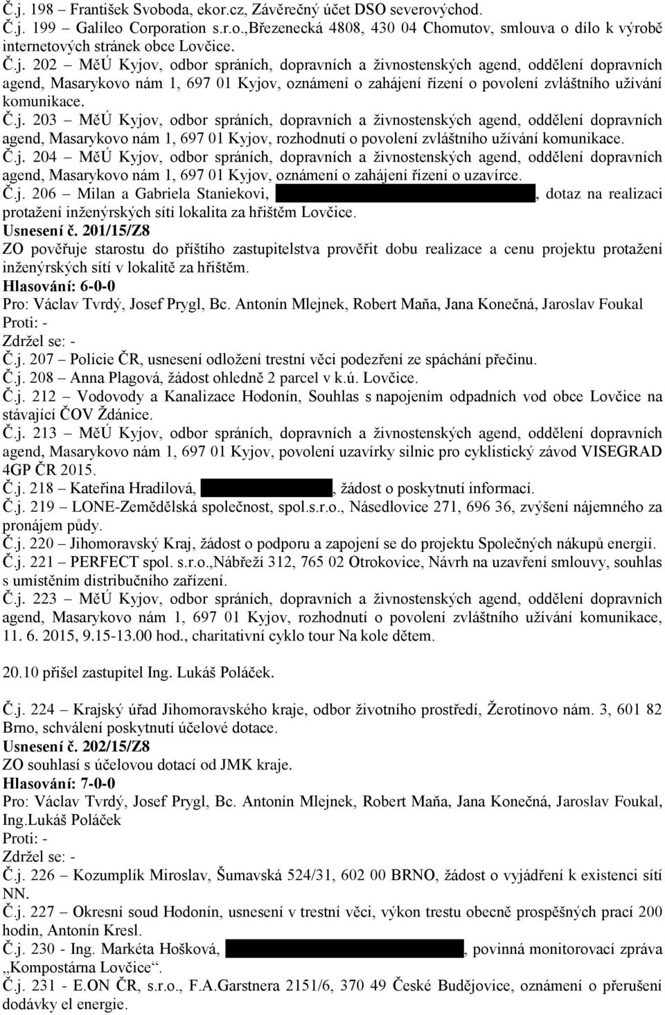 Č.j. 203 MěÚ Kyjov, odbor spráních, dopravních a živnostenských agend, oddělení dopravních agend, Masarykovo nám 1, 697 01 Kyjov, rozhodnutí o povolení zvláštního užívání komunikace. Č.j. 204 MěÚ Kyjov, odbor spráních, dopravních a živnostenských agend, oddělení dopravních agend, Masarykovo nám 1, 697 01 Kyjov, oznámení o zahájení řízení o uzavírce.