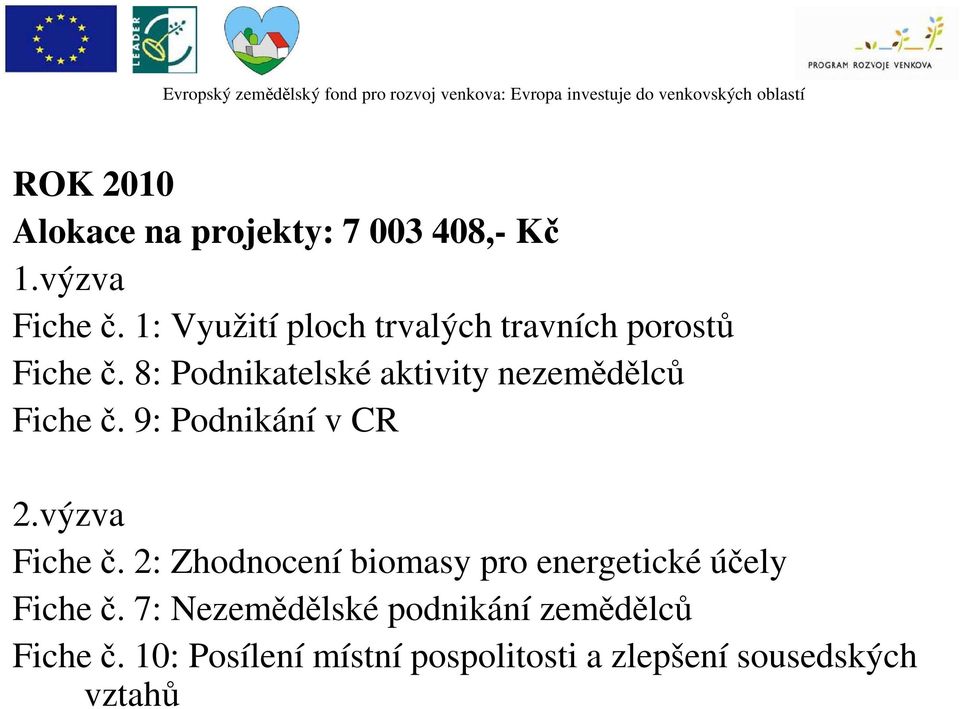 8: Podnikatelské aktivity nezemědělců Fiche č. 9: Podnikání v CR 2.výzva Fiche č.