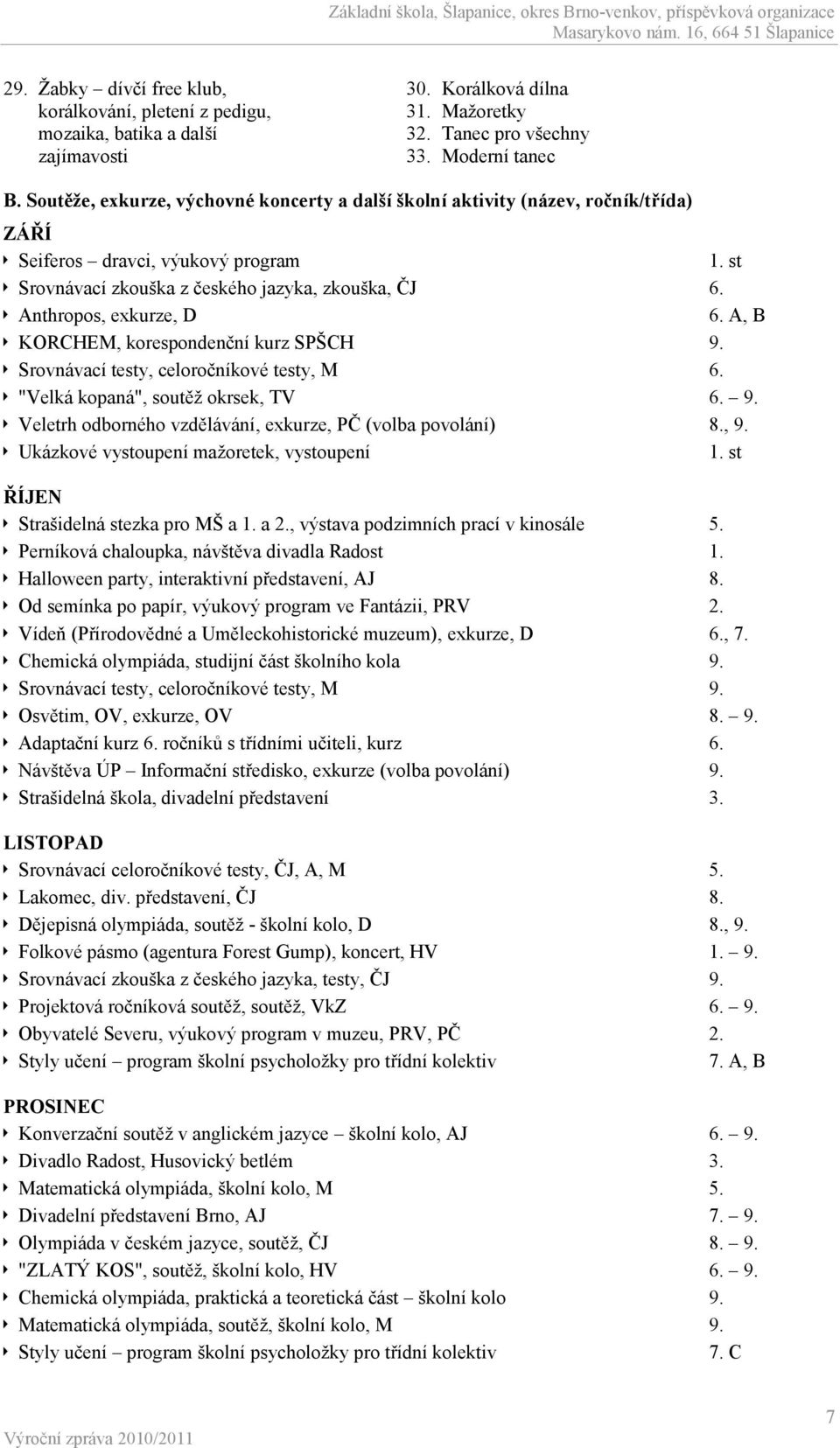 Anthropos, exkurze, D 6. A, B KORCHEM, korespondenční kurz SPŠCH 9. Srovnávací testy, celoročníkové testy, M 6. "Velká kopaná", soutěž okrsek, TV 6. 9. Veletrh odborného vzdělávání, exkurze, PČ (volba povolání) 8.