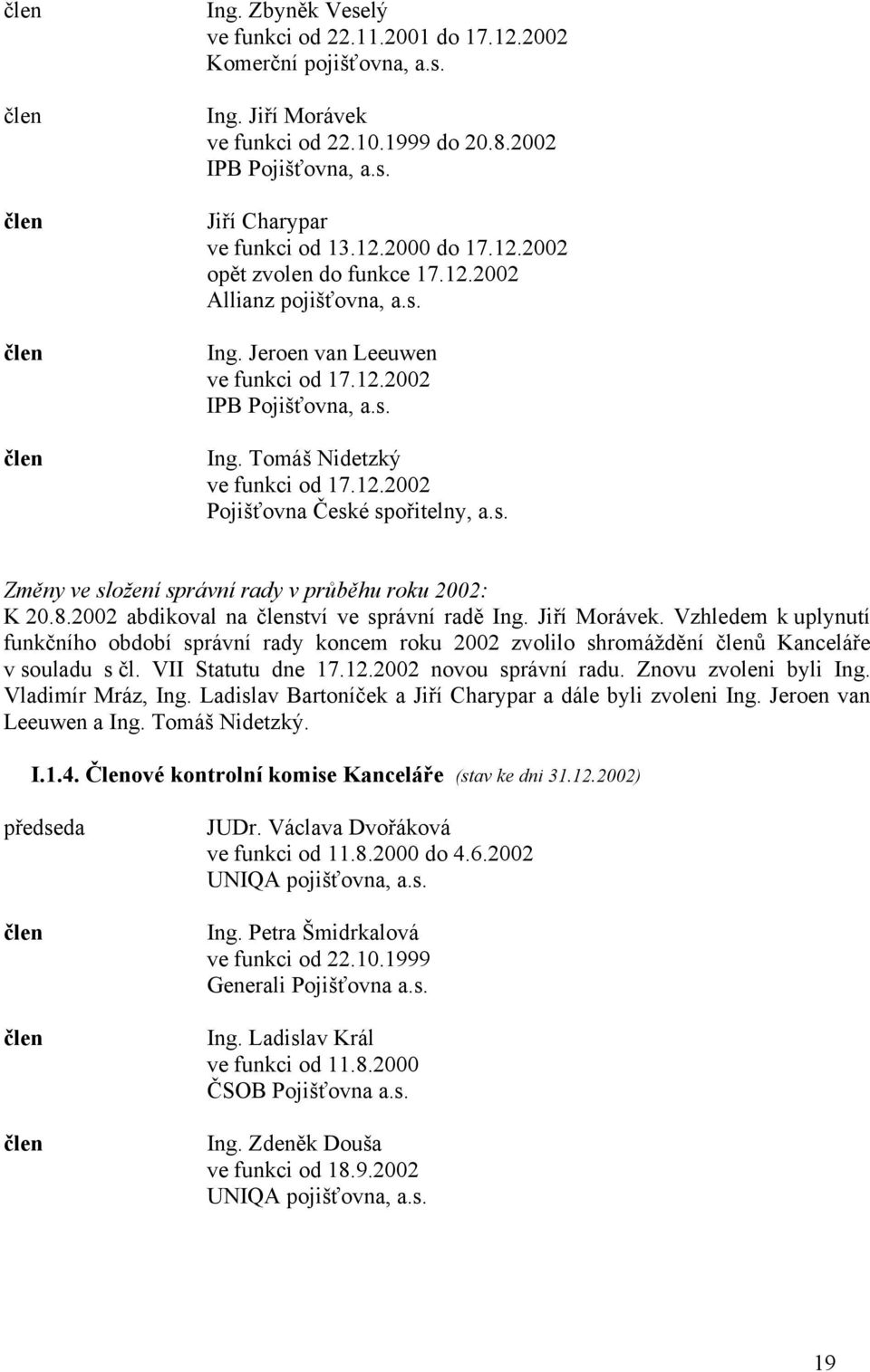 s. Změny ve složení správní rady v průběhu roku 2002: K 20.8.2002 abdikoval na členství ve správní radě Ing. Jiří Morávek.