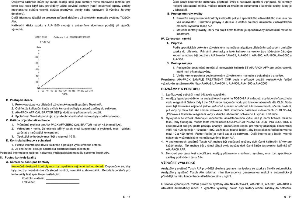 Další informace týkající se provozu zařízení získáte v uživatelském manuálu systému TOSOH AIA. Kalibrační křivka vzorku z AIA-1800 sleduje a znázorňuje algoritmus použitý při výpočtu výsledků. B.
