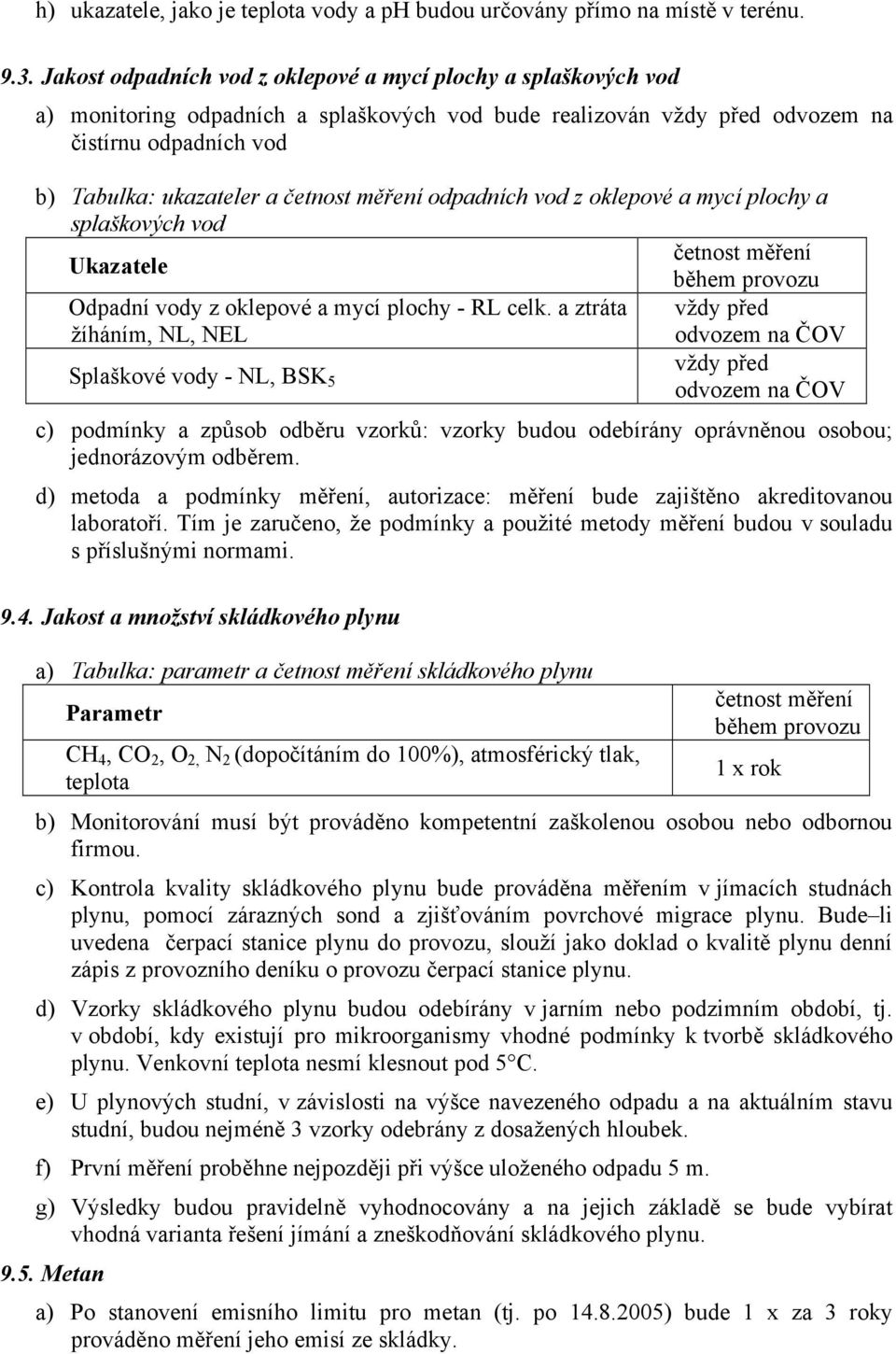 měření odpadních vod z oklepové a mycí plochy a splaškových vod četnost měření Ukazatele během provozu Odpadní vody z oklepové a mycí plochy - RL celk.