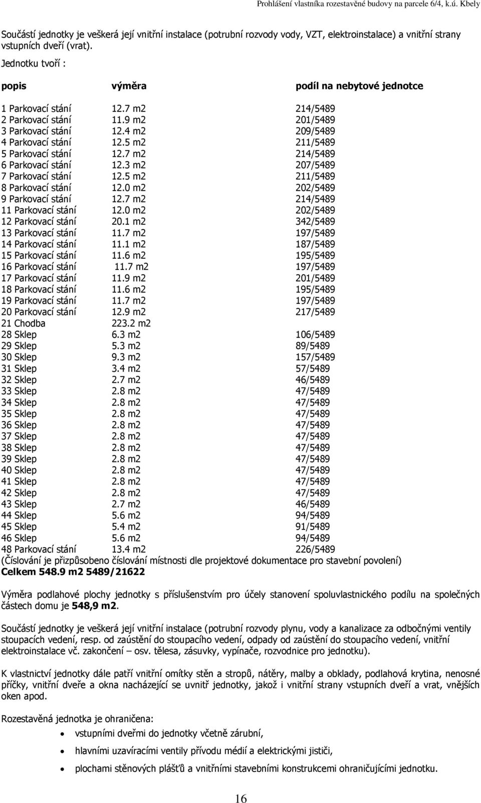 5 m2 211/5489 5 Parkovací stání 12.7 m2 214/5489 6 Parkovací stání 12.3 m2 207/5489 7 Parkovací stání 12.5 m2 211/5489 8 Parkovací stání 12.0 m2 202/5489 9 Parkovací stání 12.