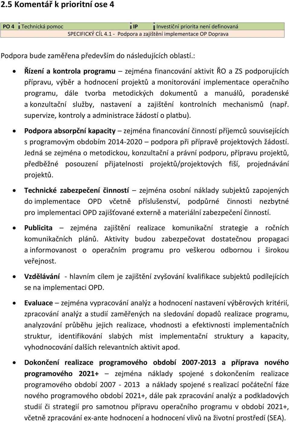 : Řízení a kontrola programu zejména financování aktivit ŘO a ZS podporujících přípravu, výběr a hodnocení projektů a monitorování implementace operačního programu, dále tvorba metodických dokumentů