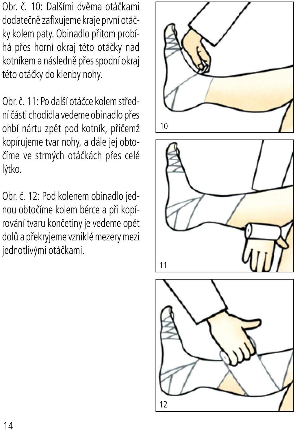 11: Po další otáčce kolem střední části chodidla vedeme obinadlo přes ohbí nártu zpět pod kotník, přičemž kopírujeme tvar nohy, a dále jej