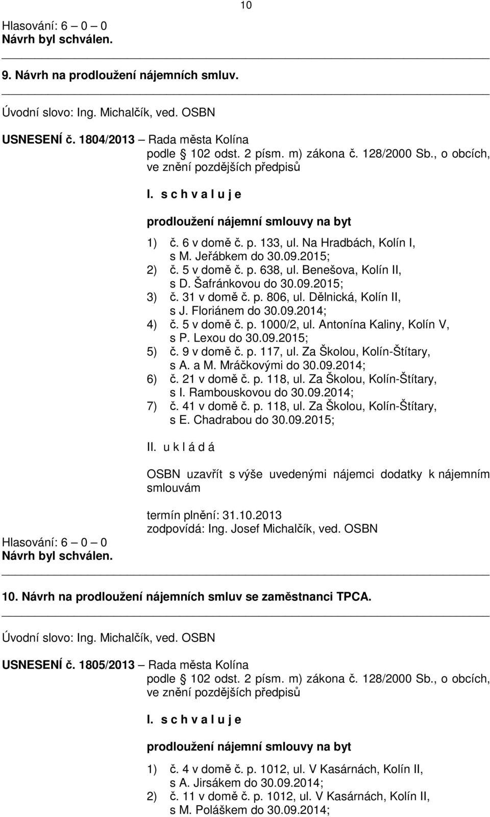 Šafránkovou do 30.09.2015; 3) č. 31 v domě č. p. 806, ul. Dělnická, Kolín II, s J. Floriánem do 30.09.2014; 4) č. 5 v domě č. p. 1000/2, ul. Antonína Kaliny, Kolín V, s P. Lexou do 30.09.2015; 5) č.