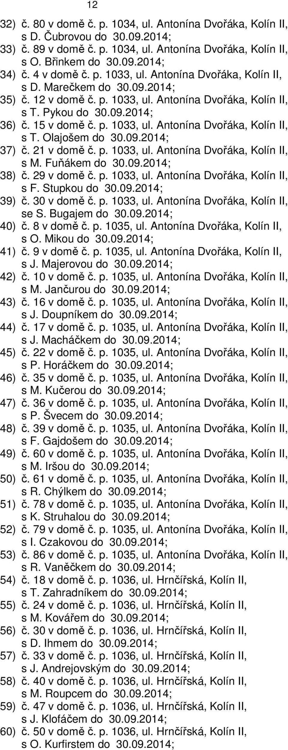 09.2014; 37) č. 21 v domě č. p. 1033, ul. Antonína Dvořáka, Kolín II, s M. Fuňákem do 30.09.2014; 38) č. 29 v domě č. p. 1033, ul. Antonína Dvořáka, Kolín II, s F. Stupkou do 30.09.2014; 39) č.