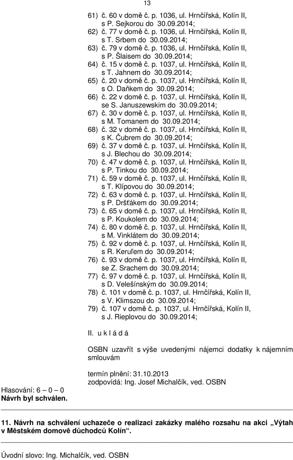 Januszewskim do 30.09.2014; 67) č. 30 v domě č. p. 1037, ul. Hrnčířská, Kolín II, s M. Tomanem do 30.09.2014; 68) č. 32 v domě č. p. 1037, ul. Hrnčířská, Kolín II, s K. Čubrem do 30.09.2014; 69) č.