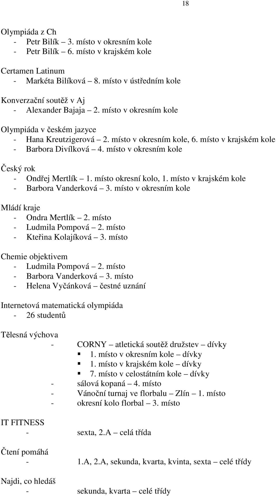 místo v krajském kole - Barbora Divílková 4. místo v okresním kole Český rok - Ondřej Mertlík 1. místo okresní kolo, 1. místo v krajském kole - Barbora Vanderková 3.