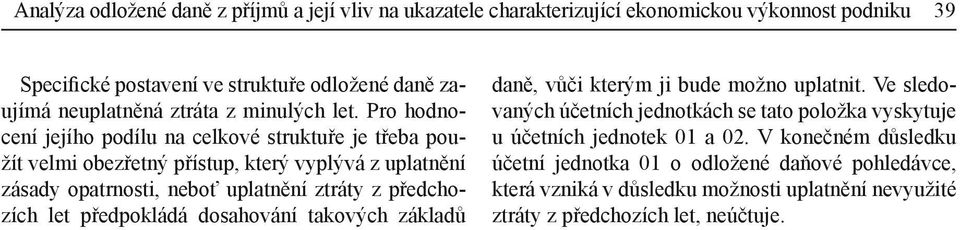 Pro hodnocení jejího podílu na celkové struktuře je třeba použít velmi obezřetný přístup, který vyplývá z uplatnění zásady opatrnosti, neboť uplatnění ztráty z předchozích let