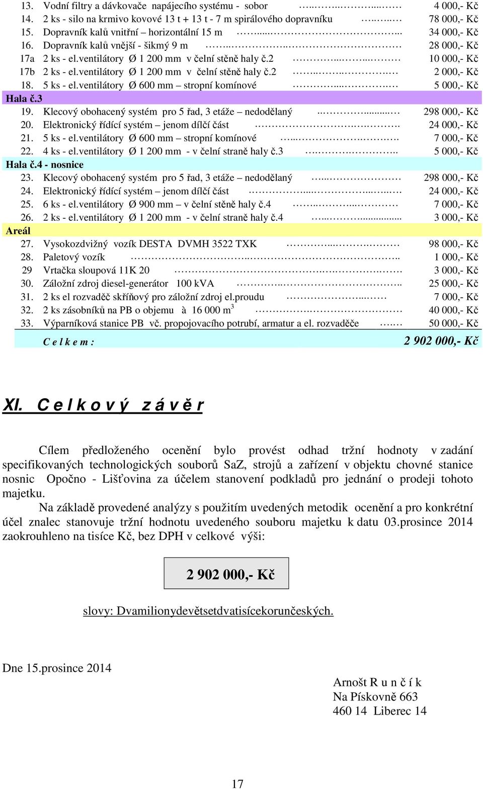 ventilátory Ø 1 200 mm v čelní stěně haly č.2..... 2 000,- Kč 18. 5 ks - el.ventilátory Ø 600 mm stropní komínové.... 5 000,- Kč Hala č.3 19. Klecový obohacený systém pro 5 řad, 3 etáže nedodělaný.