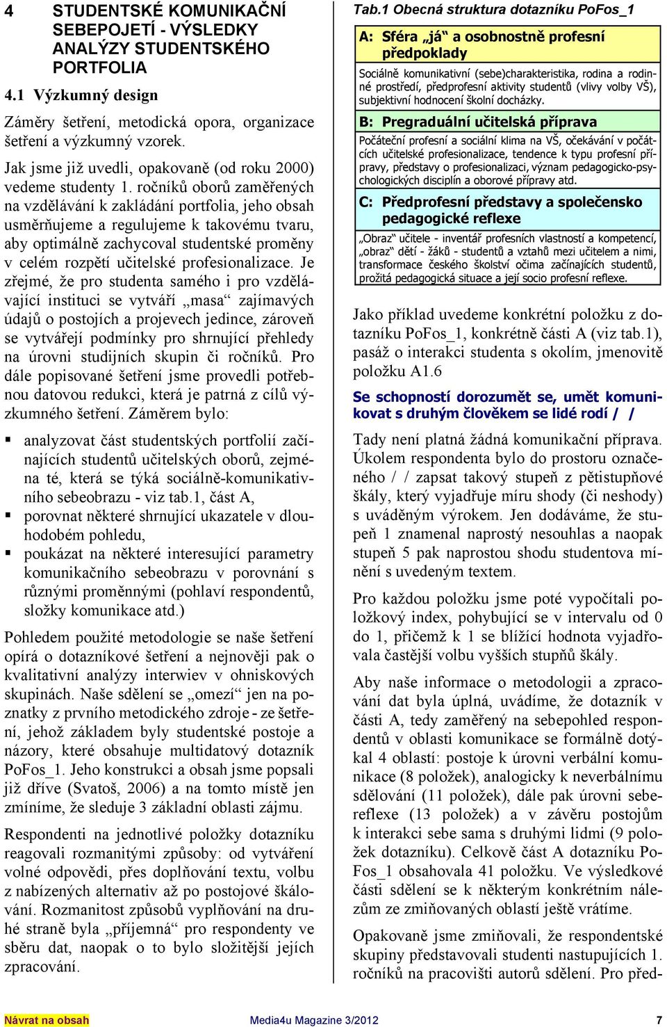 ročníků oborů zaměřených na vzdělávání k zakládání portfolia, jeho obsah usměrňujeme a regulujeme k takovému tvaru, aby optimálně zachycoval studentské proměny v celém rozpětí učitelské