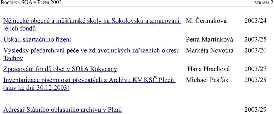 zařízeních okresu Tachov Markéta Novotná 2003/26 Zpracování fondů obcí v SOkA Rokycany Hana Hrachová 2003/27 Inventarizace