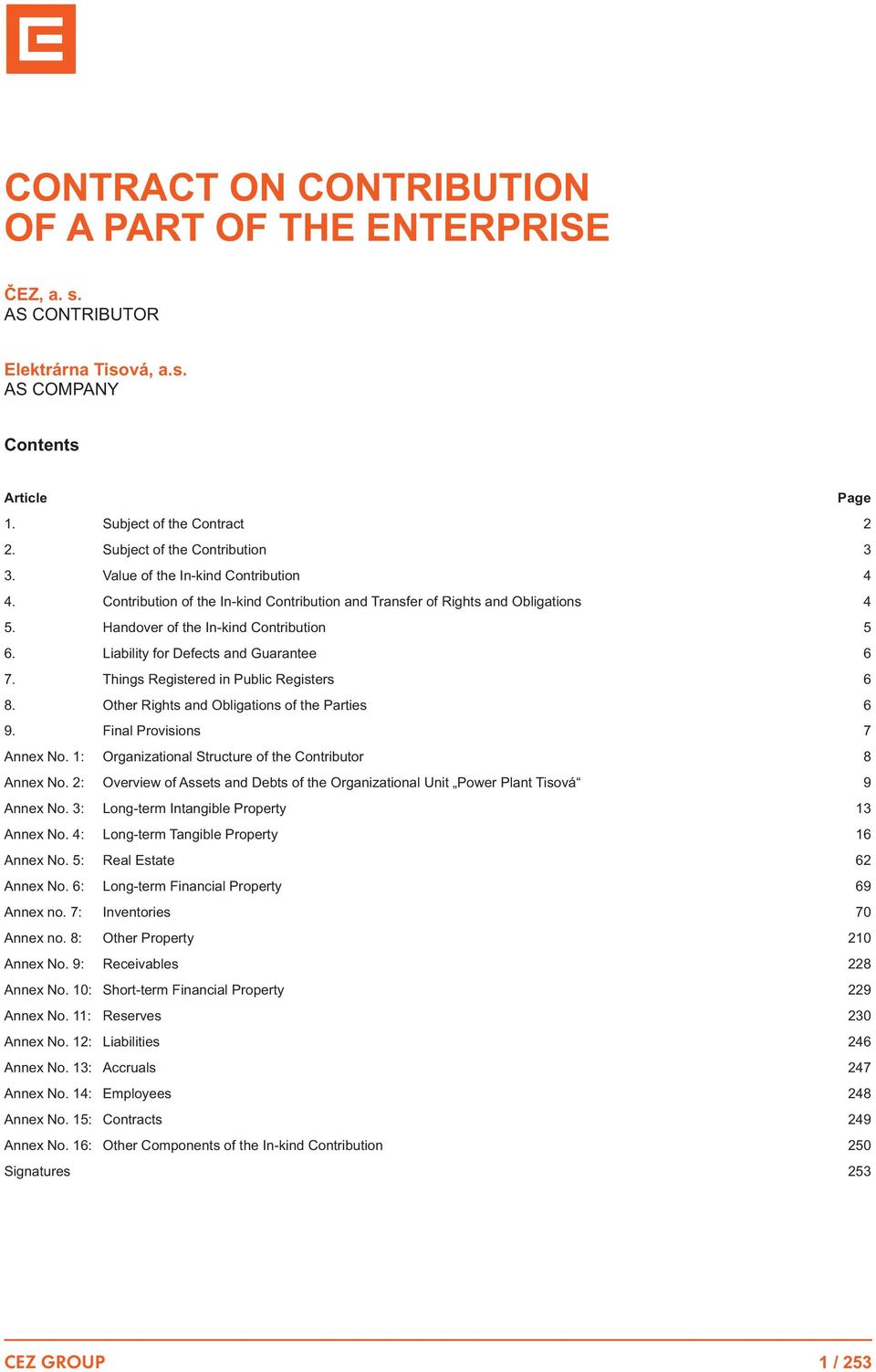 Things Registered in Public Registers 8. Other Rights and Obligations of the Parties. Final Provisions Annex No. 1: Organizational Structure of the Contributor 8 Annex No.