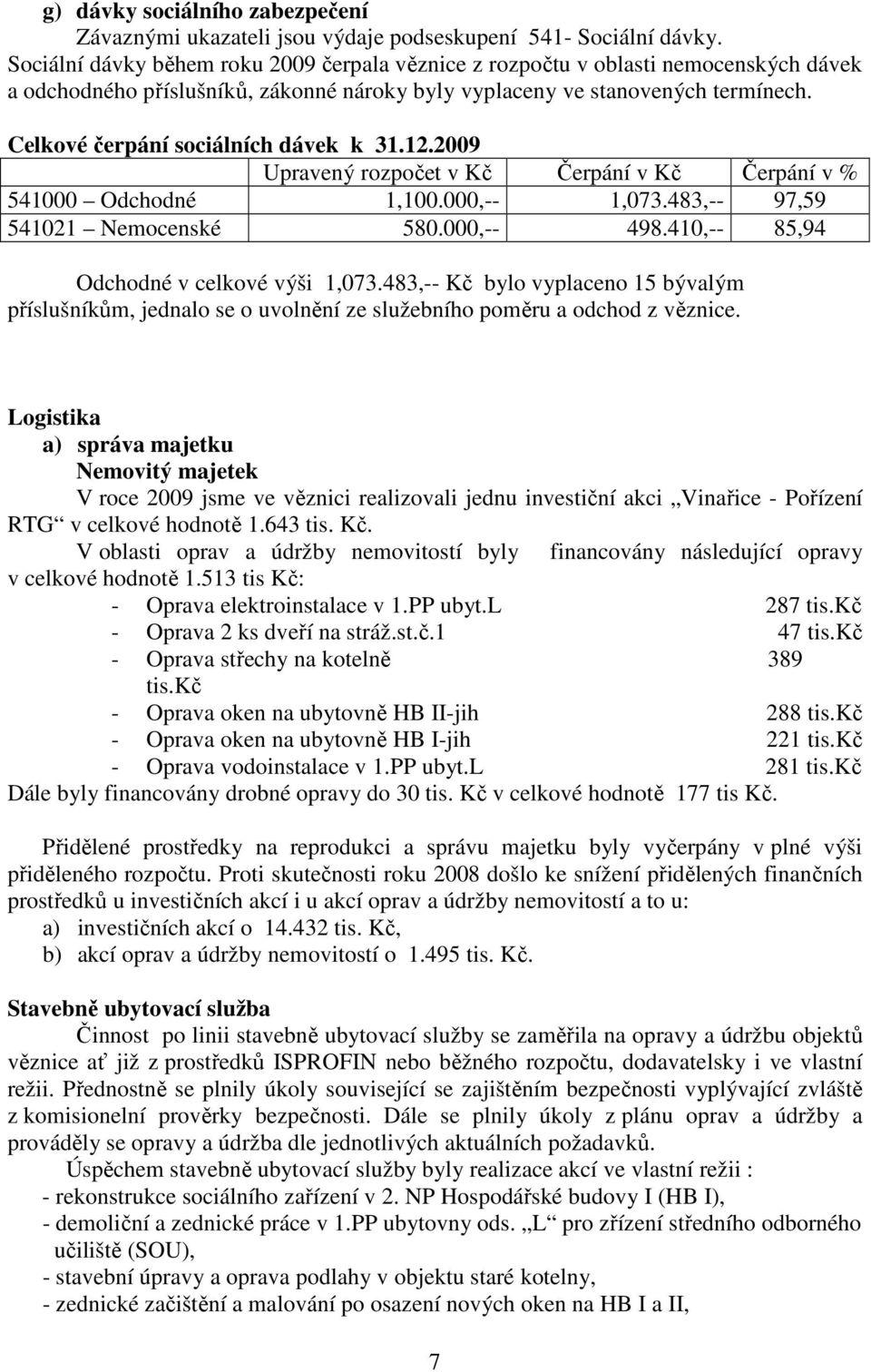 Celkové čerpání sociálních dávek k 31.12.2009 Upravený rozpočet v Kč Čerpání v Kč Čerpání v % 541000 Odchodné 1,100.000,-- 1,073.483,-- 97,59 541021 Nemocenské 580.000,-- 498.