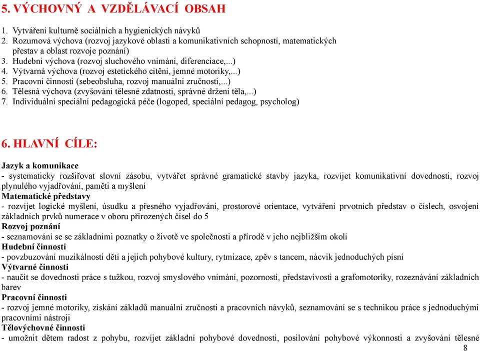 Výtvarná výchova (rozvoj estetického cítění, jemné motoriky,...) 5. Pracovní činnosti (sebeobsluha, rozvoj manuální zručnosti,...) 6.