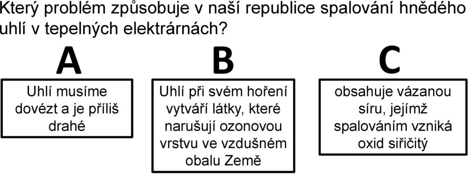 A B C Uhlí musíme dovézt a je příliš drahé Uhlí při svém hoření