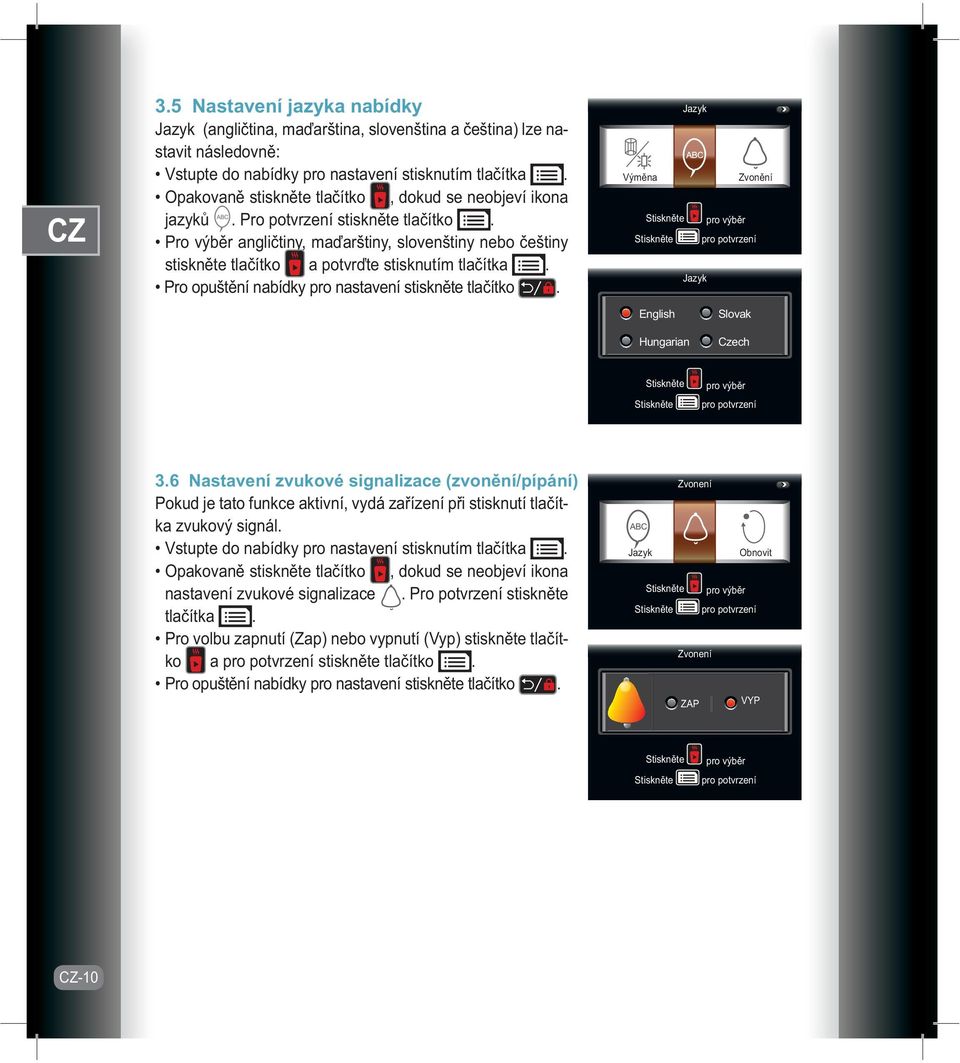 Jazyk Výměna Zvonění pro výběr pro potvrzení Jazyk English Slovak Hungarian Czech pro výběr pro potvrzení 3.