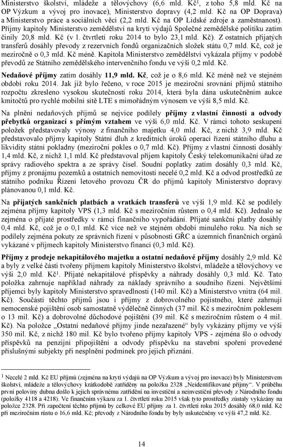 Příjmy kapitoly Ministerstvo zemědělství na krytí výdajů Společné zemědělské politiku zatím činily 20,8 mld. Kč (v 1. čtvrtletí roku 2014 to bylo 23,1 mld. Kč).