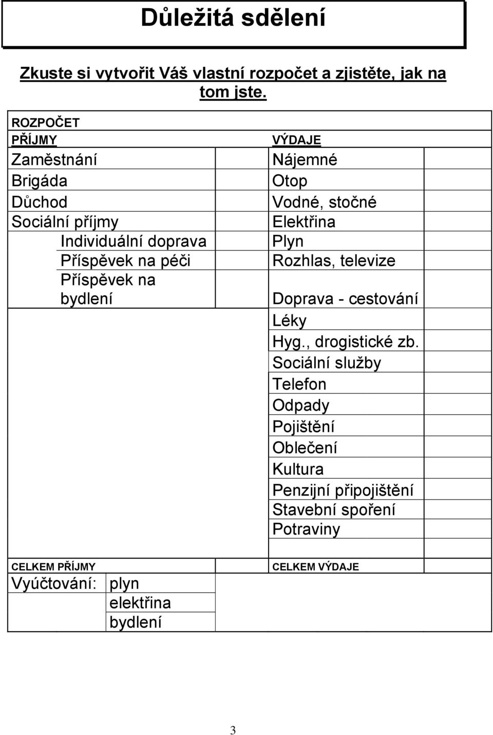 VÝDAJE Nájemné Otop Vodné, stočné Elektřina Plyn Rozhlas, televize Doprava - cestování Léky Hyg., drogistické zb.