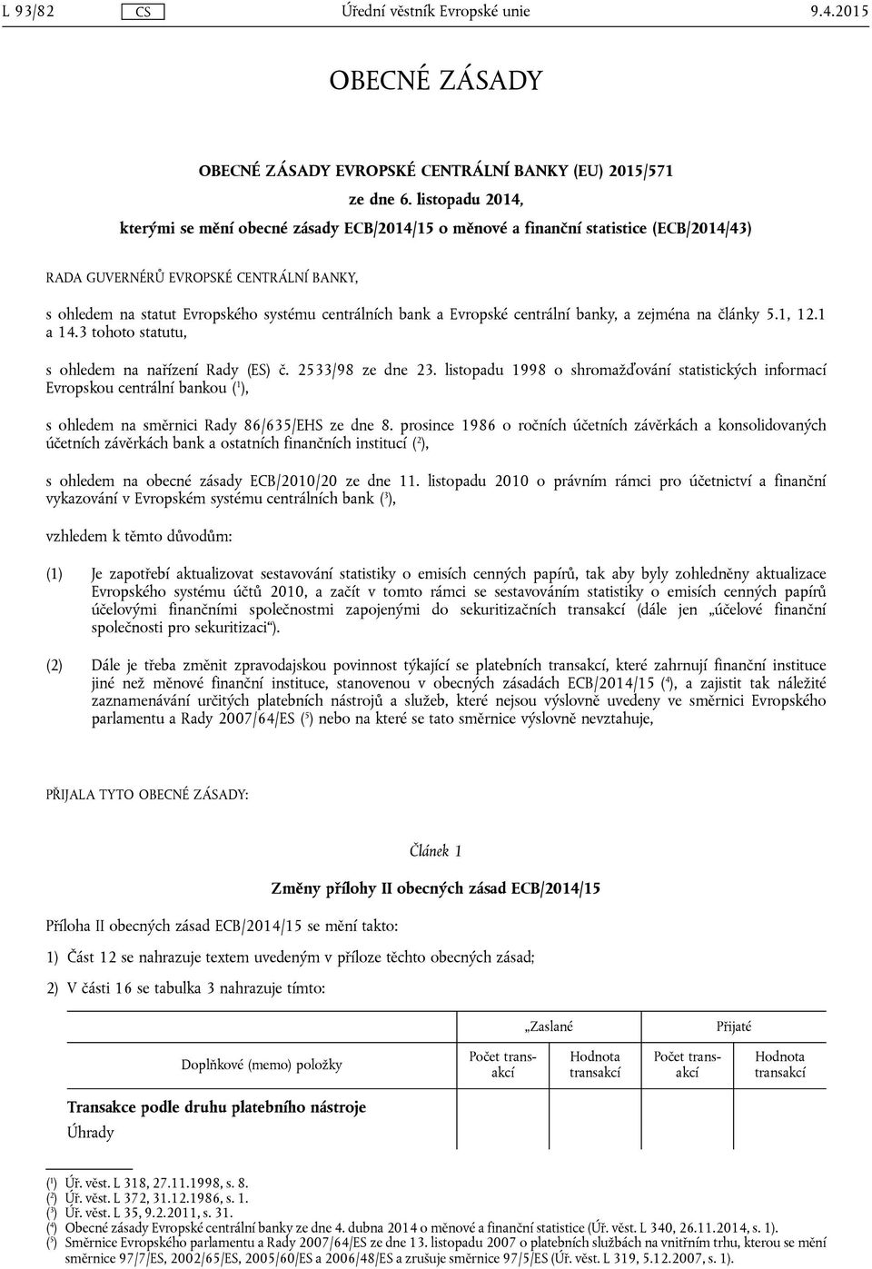 a Evropské centrální banky, a zejména na články 5.1, 12.1 a 14.3 tohoto statutu, s ohledem na nařízení Rady (ES) č. 2533/98 ze dne 23.