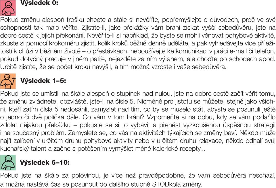 Nevěříte-li si například, že byste se mohli věnovat pohybové aktivitě, zkuste si pomocí krokoměru zjistit, kolik kroků běžně denně uděláte, a pak vyhledávejte více příležitostí k chůzi v běžném