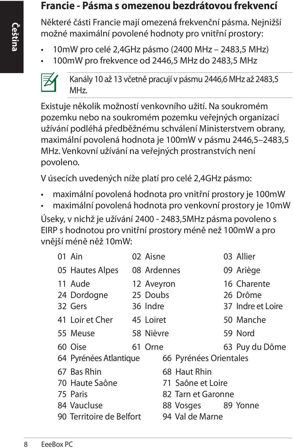 2446,6 MHz až 2483,5 MHz. Existuje několik možností venkovního užití.