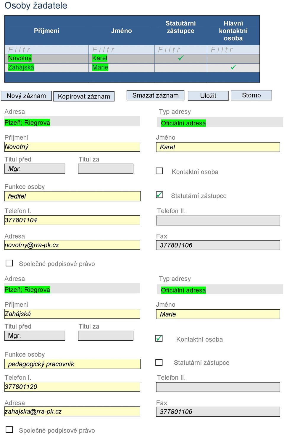 Titul za Typ adresy Oficiální adresa Jméno Karel Kontaktní osoba Funkce osoby ředitel Statutární zástupce Telefon I. 377801104 Adresa novotny@rra-pk.cz Telefon II.