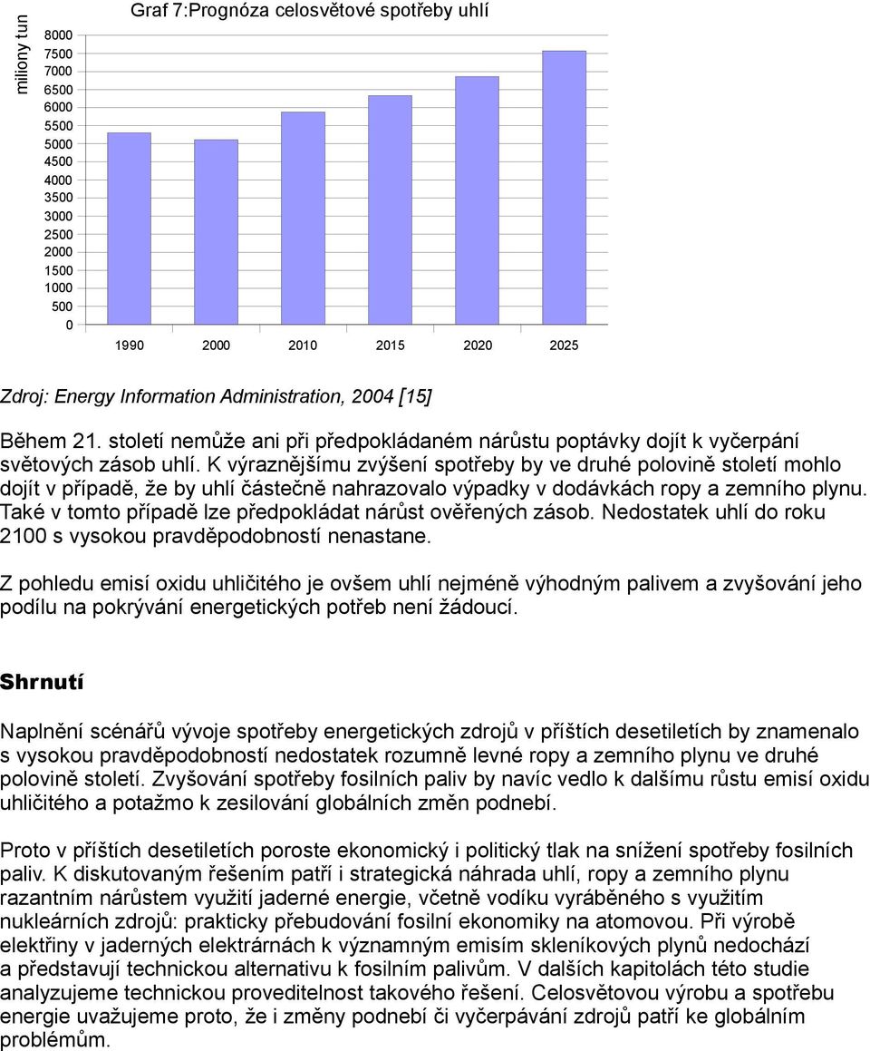 K výraznějšímu zvýšení spotřeby by ve druhé polovině století mohlo dojít v případě, že by uhlí částečně nahrazovalo výpadky v dodávkách ropy a zemního plynu.