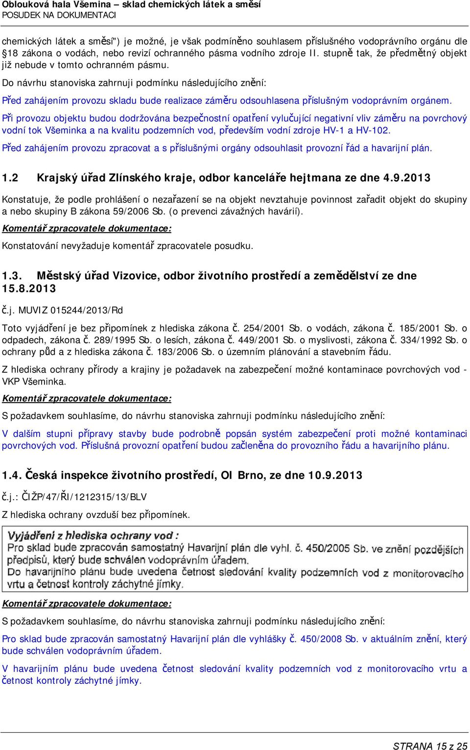 Do návrhu stanoviska zahrnuji podmínku následujícího znění: Před zahájením provozu skladu bude realizace záměru odsouhlasena příslušným vodoprávním orgánem.