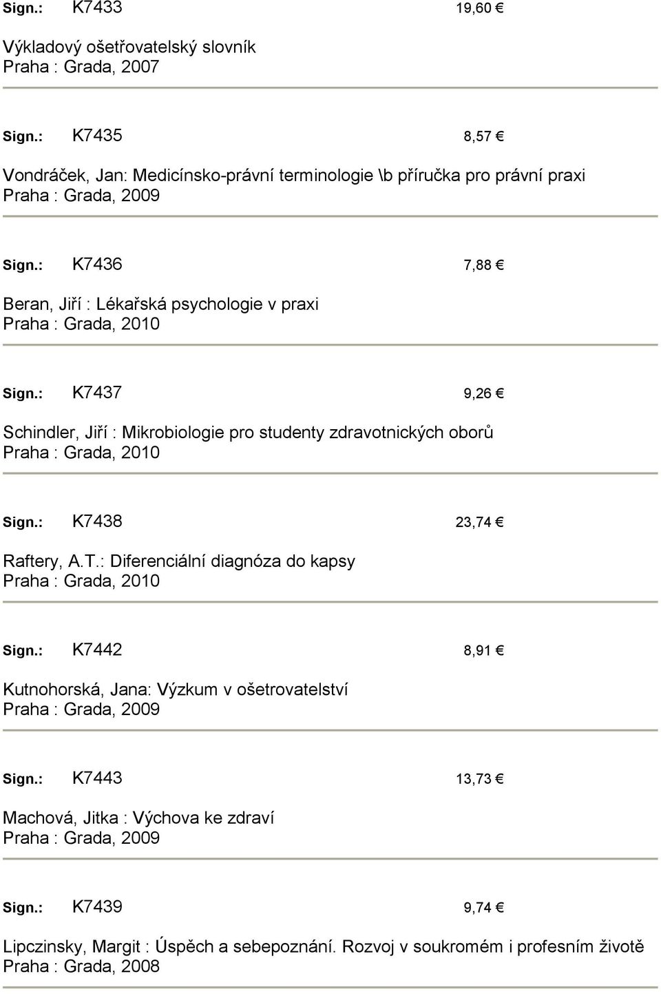 : K7436 7,88 Beran, Jiří : Lékařská psychologie v praxi Sign.: K7437 9,26 Schindler, Jiří : Mikrobiologie pro studenty zdravotnických oborů Sign.