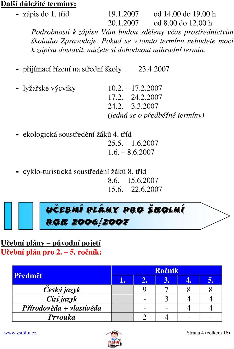 3.2007 (jedná se o předběžné termíny) - ekologická soustředění žáků 4. tříd 25.5. 1.6.2007 1.6. 8.6.2007 - cyklo-turistická soustředění žáků 8. tříd 8.6. 15.6.2007 15.6. 22.6.2007 učební plány pro školní rok 2006/2007 Učební plány původní pojetí Učební plán pro 2.