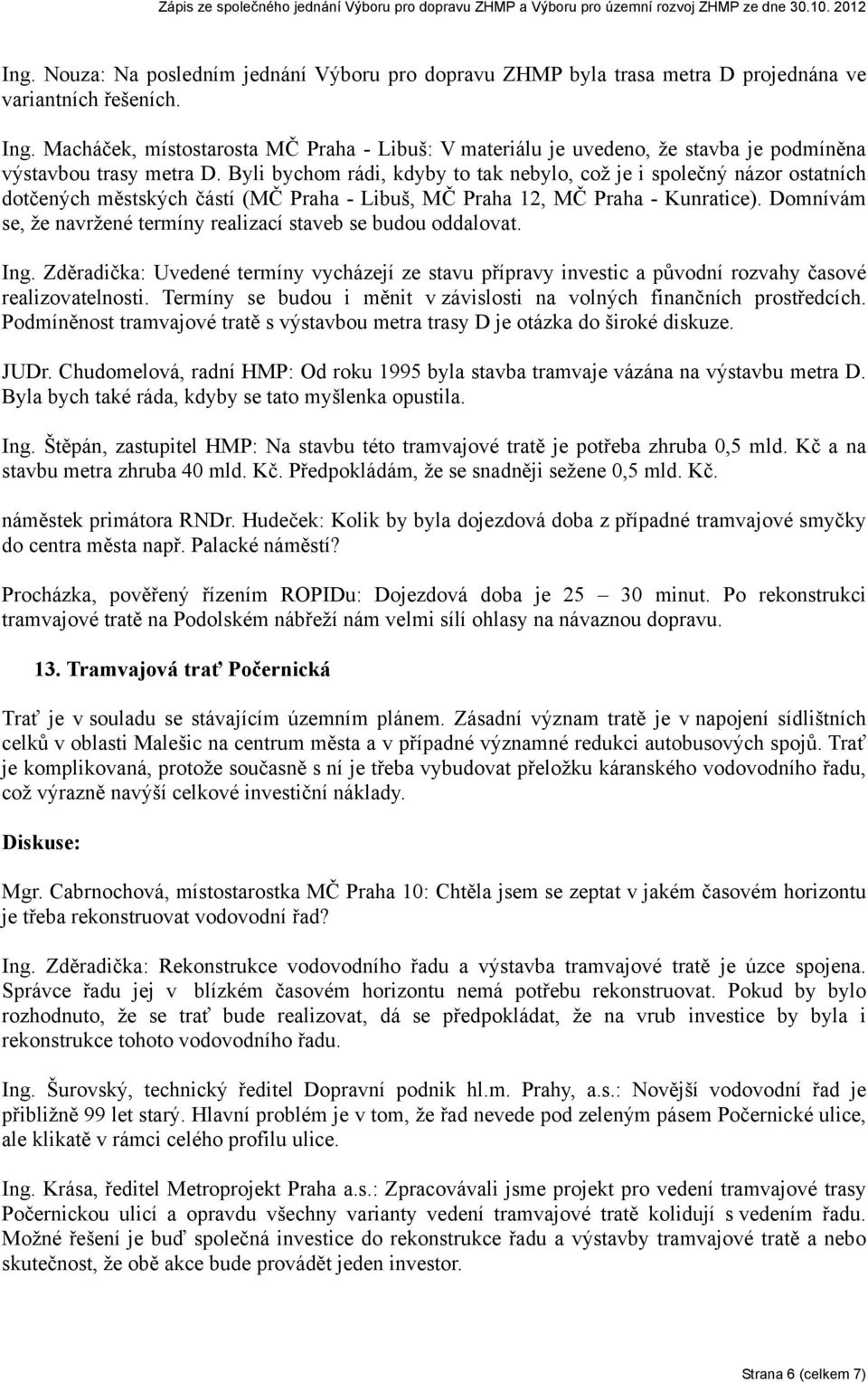 Byli bychom rádi, kdyby to tak nebylo, což je i společný názor ostatních dotčených městských částí (MČ Praha - Libuš, MČ Praha 12, MČ Praha - Kunratice).