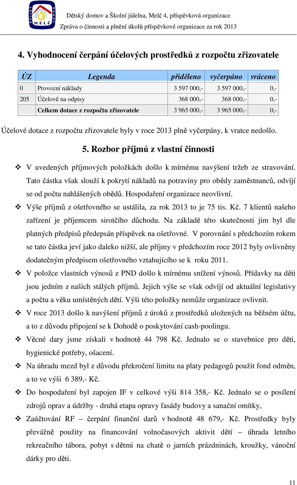 Rozbor příjmů z vlastní činnosti V uvedených příjmových položkách došlo k mírnému navýšení tržeb ze stravování.