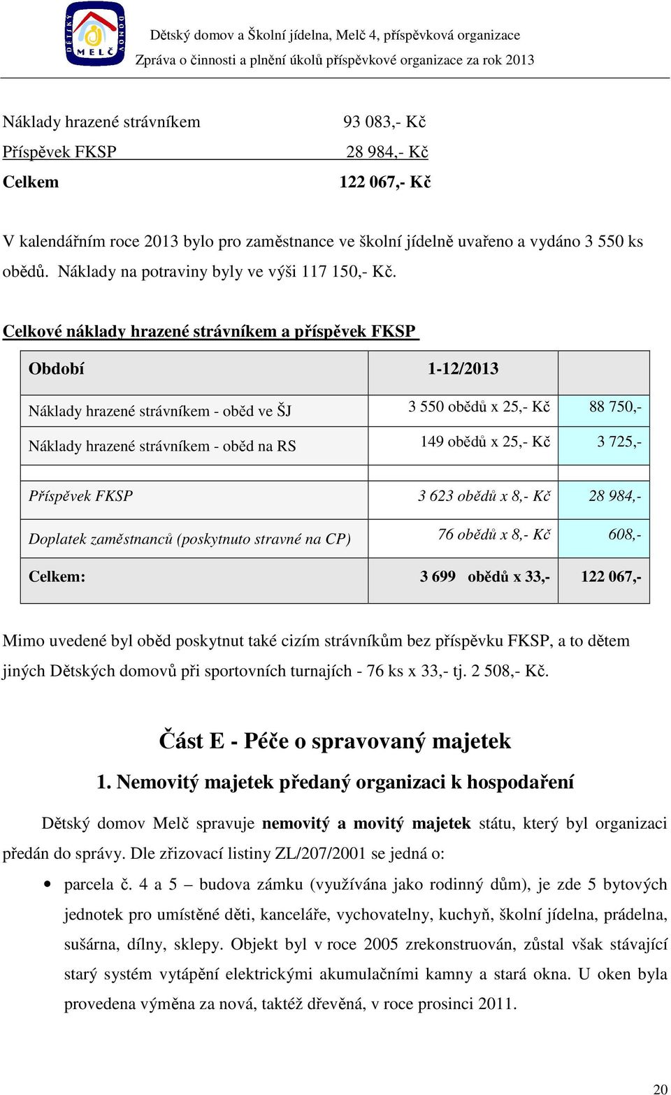 Celkové náklady hrazené strávníkem a příspěvek FKSP Období 1-12/2013 Náklady hrazené strávníkem - oběd ve ŠJ 3 550 obědů x 25,- Kč 88 750,- Náklady hrazené strávníkem - oběd na RS 149 obědů x 25,- Kč