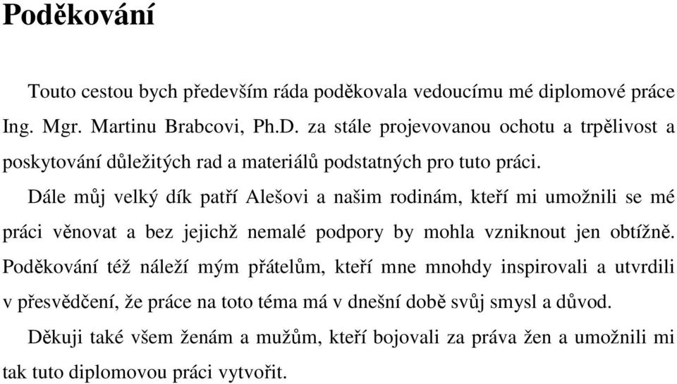 Dále můj velký dík patří Alešovi a našim rodinám, kteří mi umožnili se mé práci věnovat a bez jejichž nemalé podpory by mohla vzniknout jen obtížně.