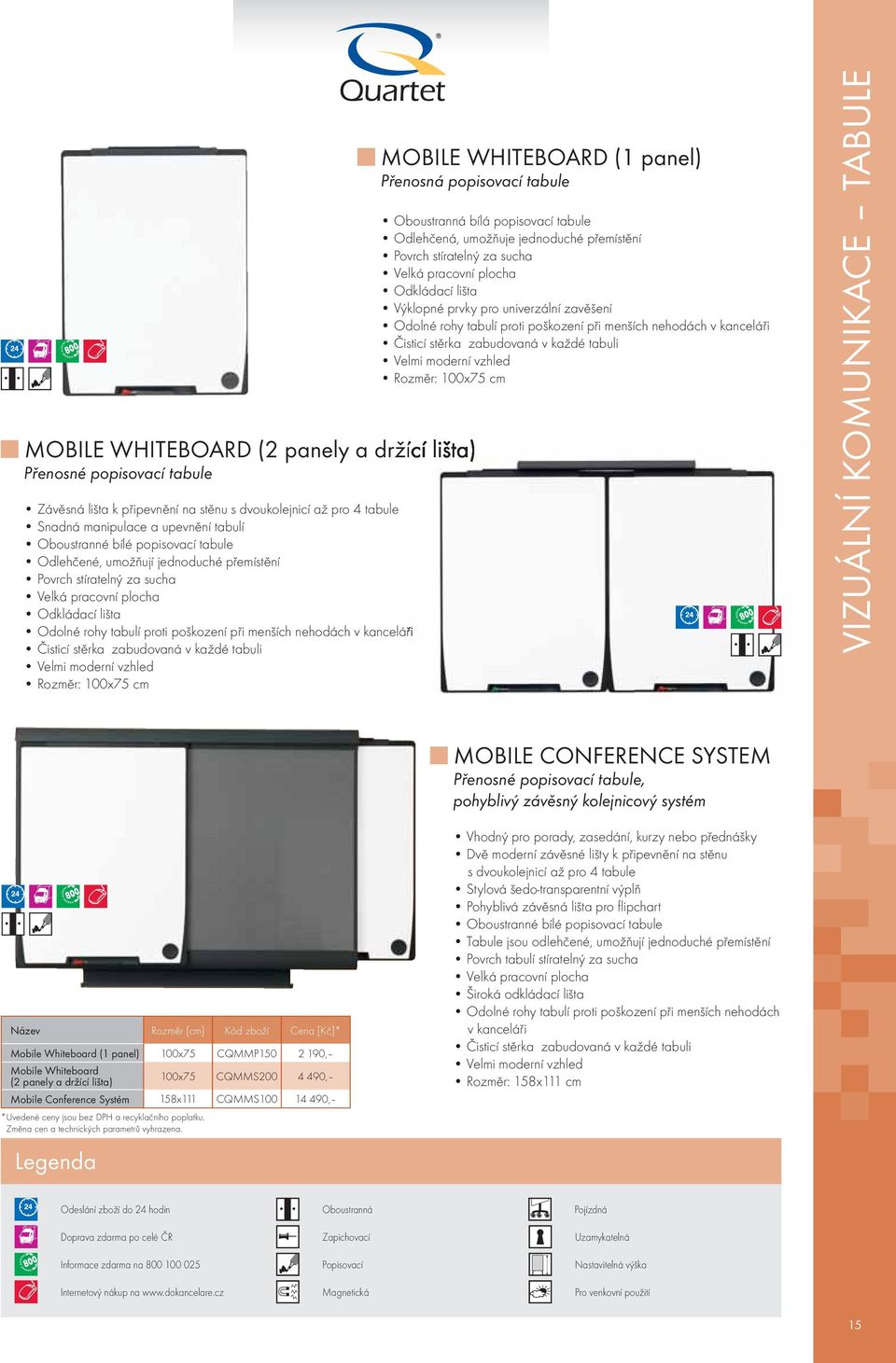 Čisticí stěrka zabudovaná v každé tabuli Velmi moderní vzhled Rozměr: 100x75 cm MOBILE WHITEBOARD (1 panel) Přenosná popisovací tabule Oboustranná bílá popisovací tabule Odlehčená, umožňuje