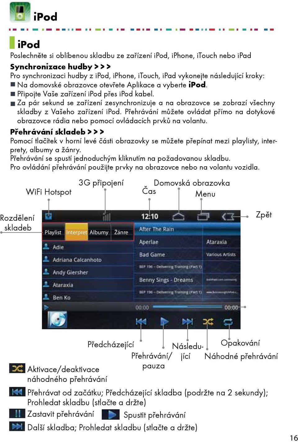 Za pár sekund se zařízení zesynchronizuje a na obrazovce se zobrazí všechny skladby z Vašeho zařízení ipod.