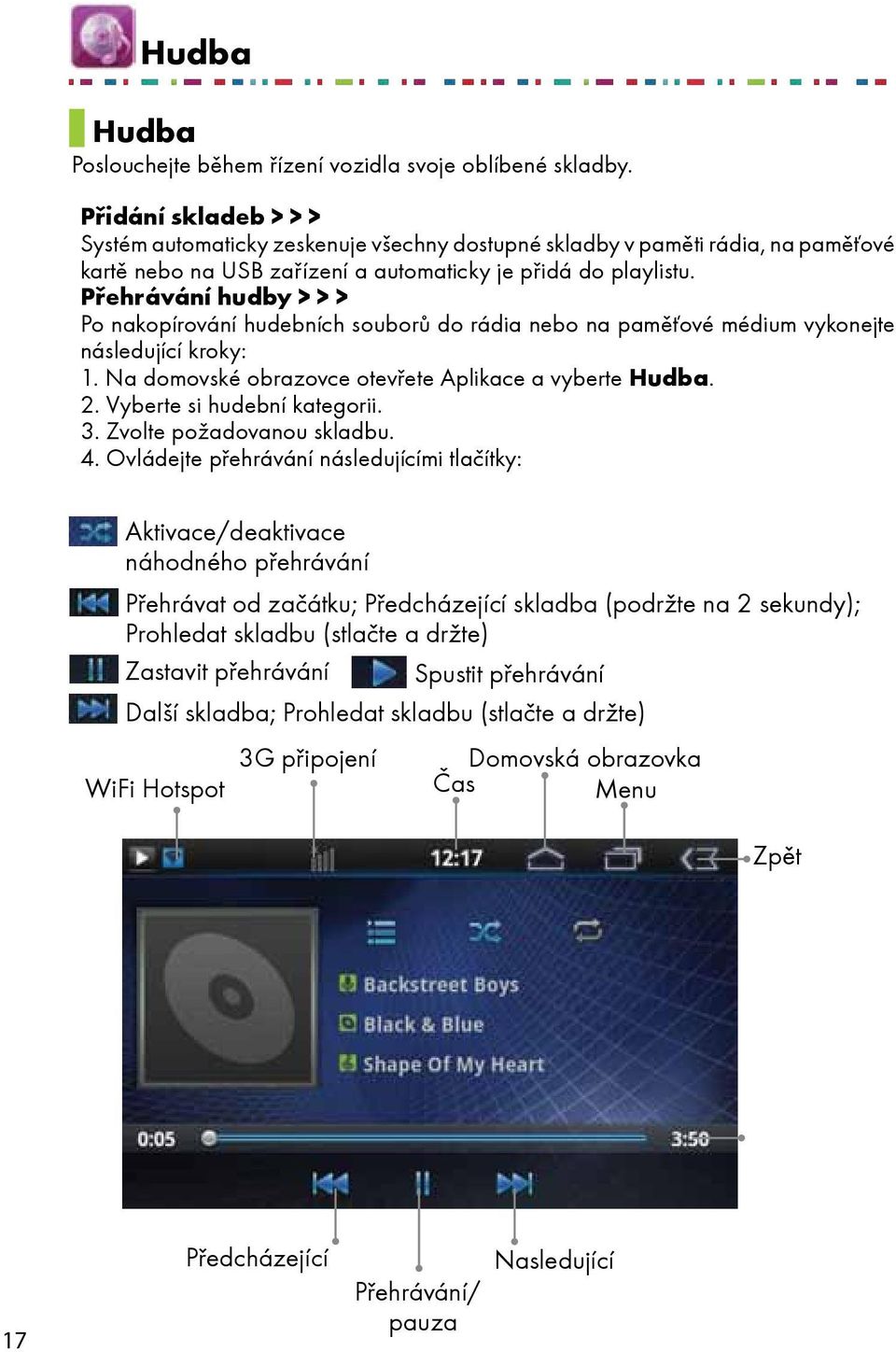 Přehrávání hudby > > > Po nakopírování hudebních souborů do rádia nebo na paměťové médium vykonejte následující kroky: 1. Na domovské obrazovce otevřete Aplikace a vyberte Hudba. 2.