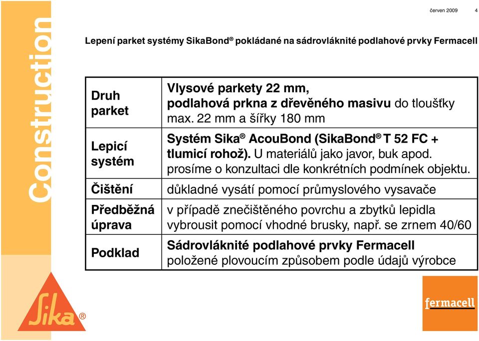 22 mm a šířky 180 mm Systém Sika AcouBond (SikaBond T 52 FC +