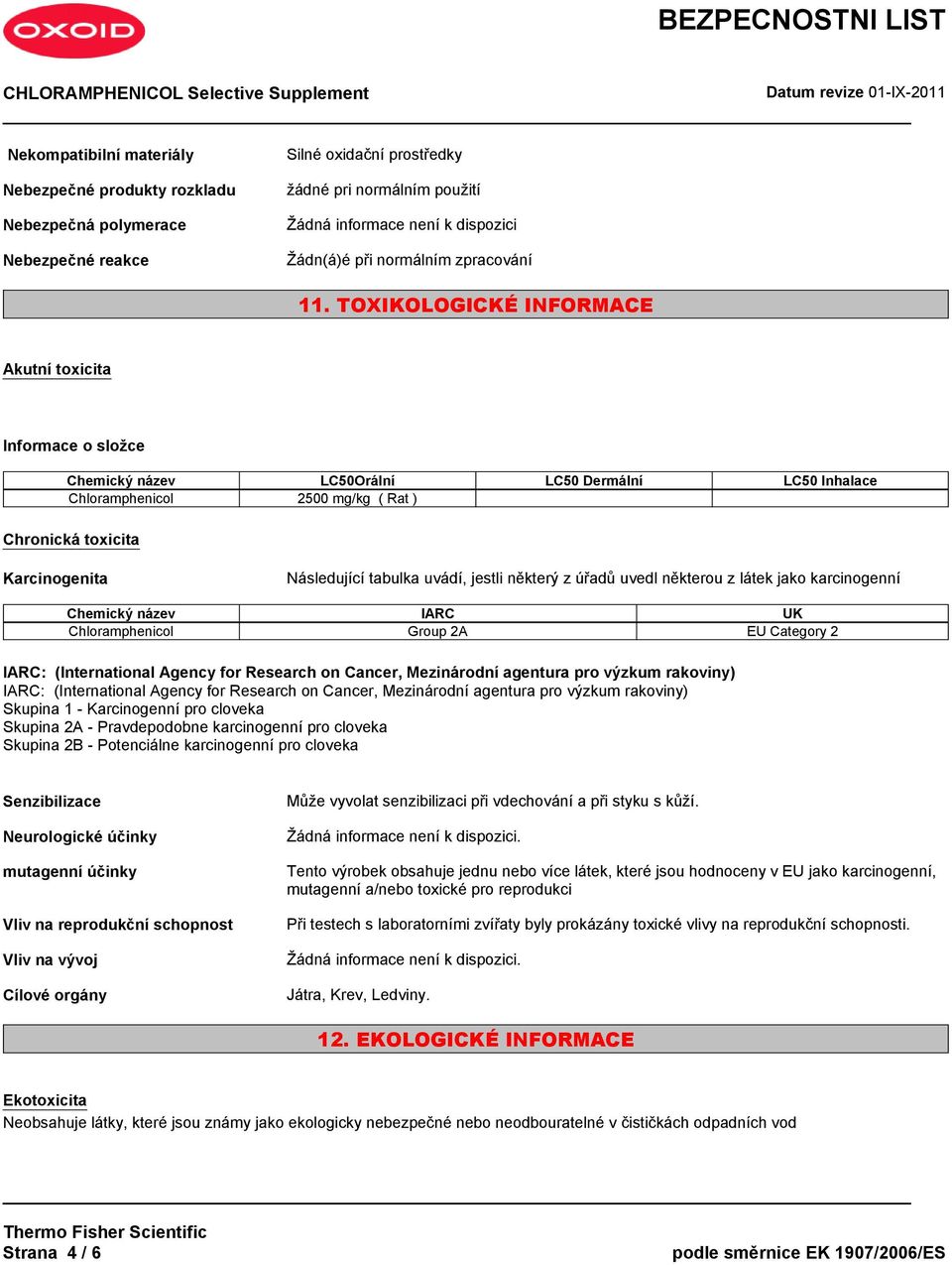 TOXIKOLOGICKÉ INFORMACE Akutní toxicita Informace o složce Chemický název LC50Orální LC50 Dermální LC50 Inhalace Chloramphenicol 2500 mg/kg ( Rat ) Chronická toxicita Karcinogenita Následující