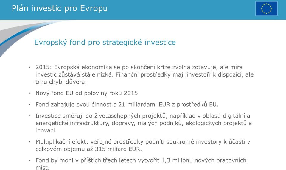 Investice směřují do životaschopných projektů, například v oblasti digitální a energetické infrastruktury, dopravy, malých podniků, ekologických projektů a inovací.