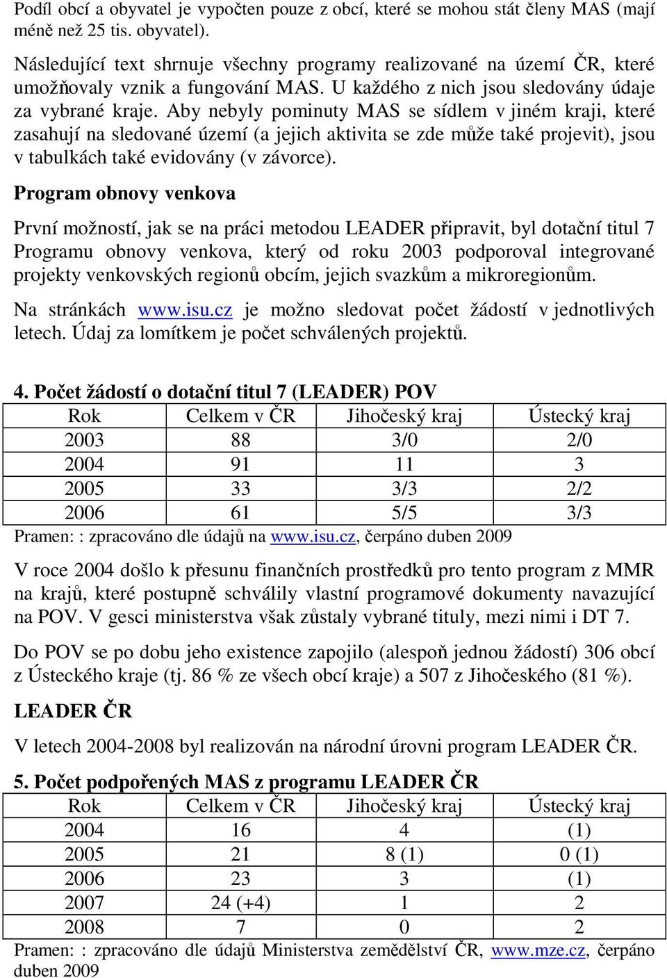 Aby nebyly pominuty MAS se sídlem v jiném kraji, které zasahují na sledované území (a jejich aktivita se zde může také projevit), jsou v tabulkách také evidovány (v závorce).